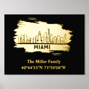 luxury gold US skyline longitude latitude Miami Foil Prints