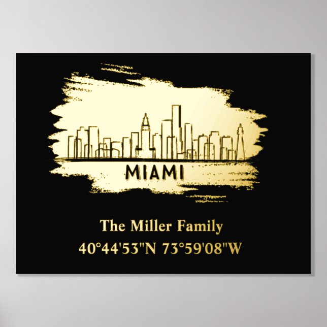 luxury gold US skyline longitude latitude Miami Foil Prints (Front)
