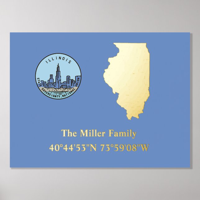luxury gold US State longitude latitude Illinois Foil Prints (Front)
