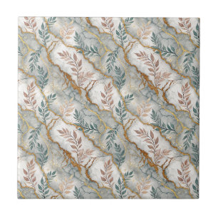 Luxury Gold Vein Grey Marble Botanical Pattern Art Tile