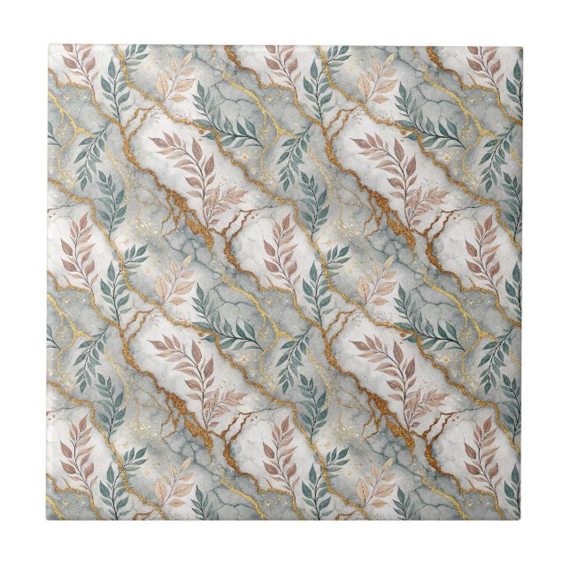 Luxury Gold Vein Grey Marble Botanical Pattern Art Tile (Front)