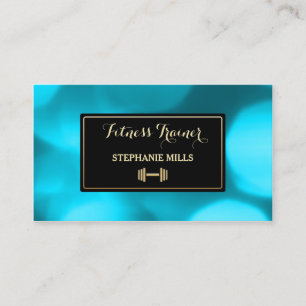 Luxury Gold Weight Aqua Blue Bokeh Fitness Trainer Business Card