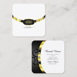 Luxury Gold White and Black Monogram with Diamonds Square Business Card