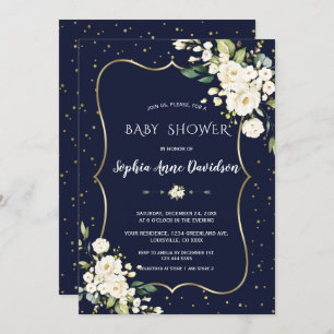Luxury Gold White Flowers Navy Blue Baby Shower Invitation
