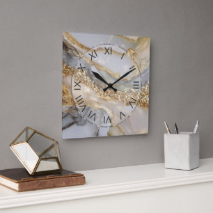 Luxury Gold & White Flowing Marble Square Wall Clock