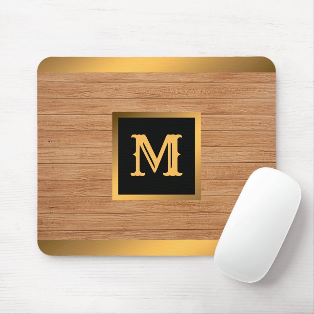 Luxury Gold Wood Modern Monogrammed Mouse Pad (With Mouse)