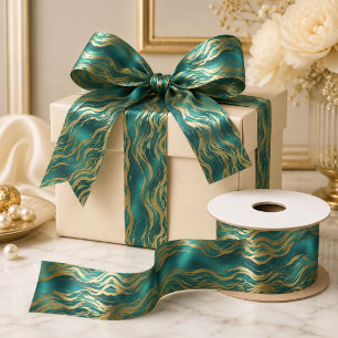 Luxury Golden Beige Swirl Turquoise Teal Blue  Satin Ribbon