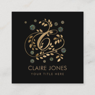 Luxury Golden Calligraphy Monogram with letter C Square Business Card