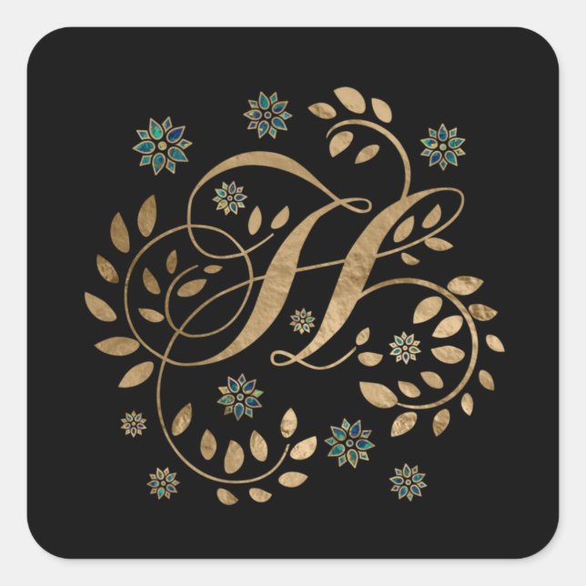 Luxury Golden Calligraphy Monogram with letter H Square Sticker (Front)