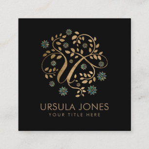 Luxury Golden Calligraphy Monogram with letter U Square Business Card