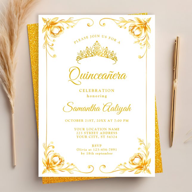 Luxury Golden Crown White and Gold Quinceanera Invitation (Creator Uploaded)