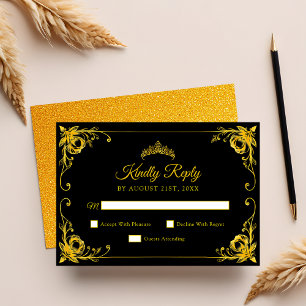 Luxury Golden Floral Black and Gold Quinceanera RSVP Card