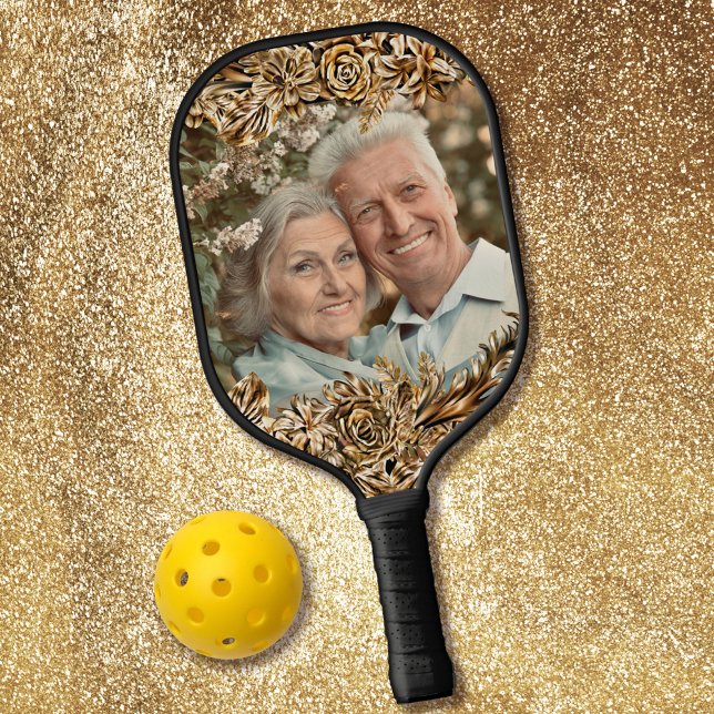    Luxury Golden Flowers Elegant Chic Classy Black Pickleball Paddle (Creator Uploaded)