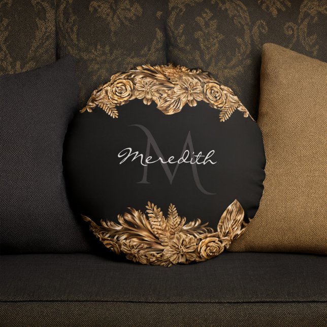    Luxury Golden Flowers Elegant Chic Classy Black Round Cushion (Creator Uploaded)