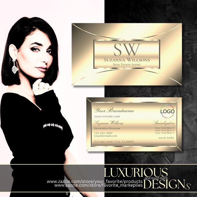 Luxury Golden Glamourous with Monogram and Logo Business Card (Creator Uploaded)