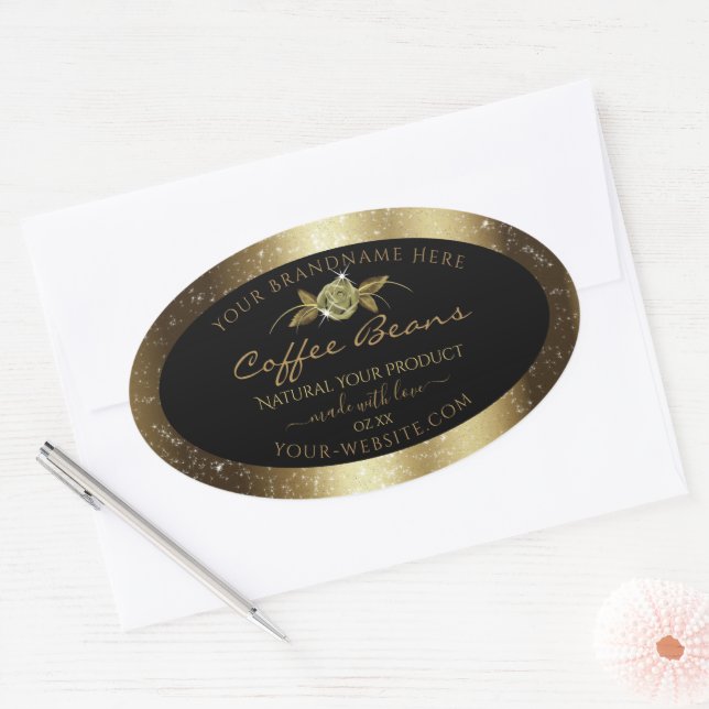 Luxury Golden Glitter Floral Black Product Labels (Envelope)
