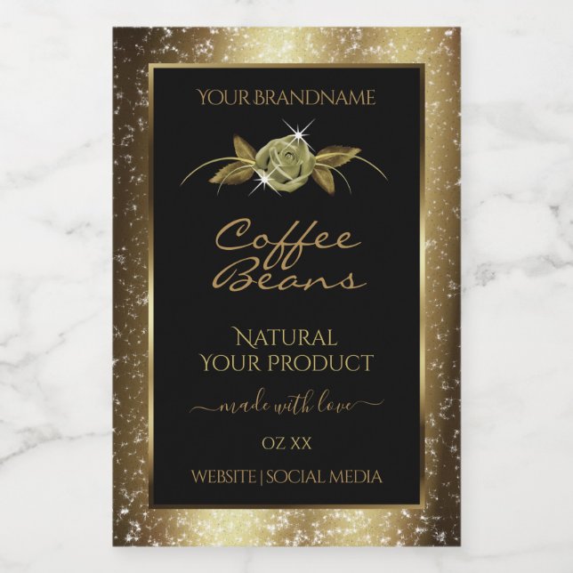 Luxury Golden Glitter Floral Black Product Labels (Single Label)