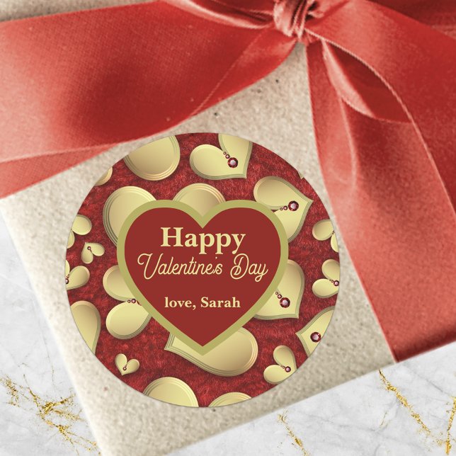 Luxury Golden Hearts with Red Gems Valentine's Day Classic Round Sticker (Creator Uploaded)