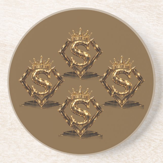 Luxury Golden Letter S Crown Diamond Monogram Coaster (Front)