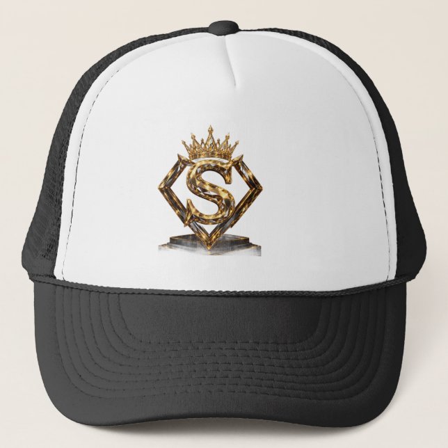 Luxury Golden Letter S Crown Diamond Monogram Trucker Hat (Front)