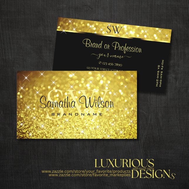 Luxury Golden Luminous Glitter Stars with Monogram Business Card (Creator Uploaded)