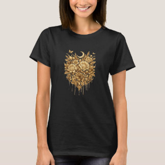 Luxury Golden Roses Heart Crescent Moon T-Shirt