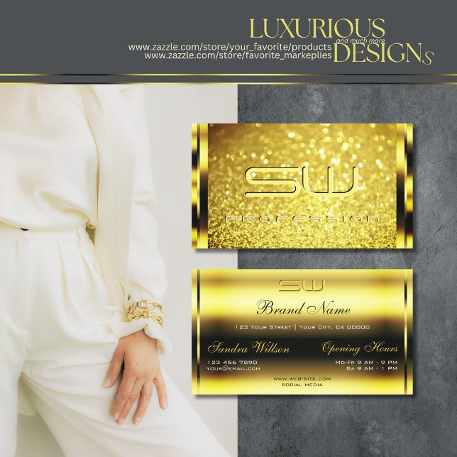 Luxury Golden Sparkle Yellow Gold Glitter Monogram Business Card (Creator Uploaded)