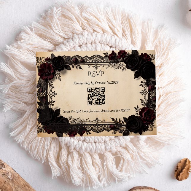 Luxury Gothic Black Lace Victorian Wedding QR Code RSVP Card (Creator Uploaded)