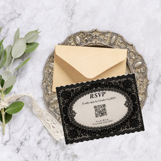 Luxury Gothic Black Lace Victorian Wedding QR Code RSVP Card