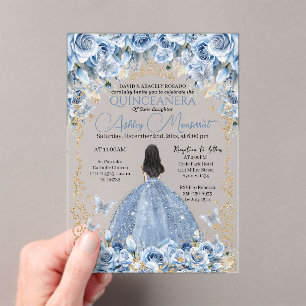 Luxury Gown Baby Blue Gold Princess Quinceanera Acrylic Invitations