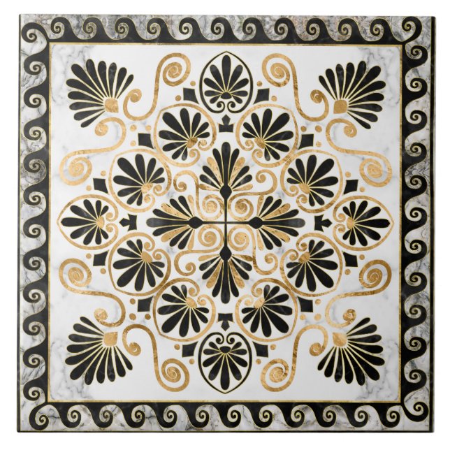 Luxury Greek Ornament Black and White Marble Tile (Front)