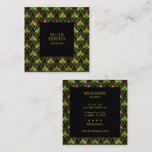Luxury green and gold Art Deco Pattern Square Business Card