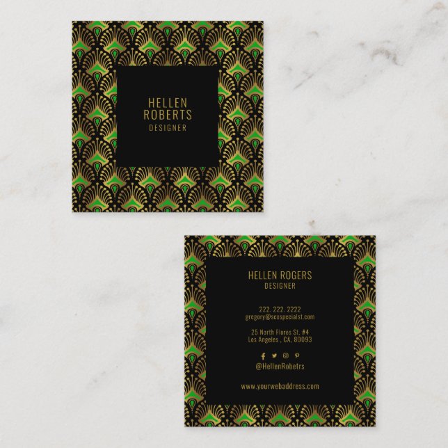 Luxury green and gold Art Deco Pattern Square Business Card (Front/Back)