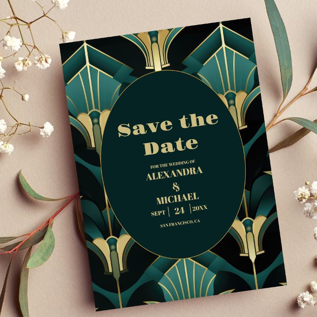 Luxury Green and Gold Art Deco Wedding  Save The Date (Creator Uploaded)