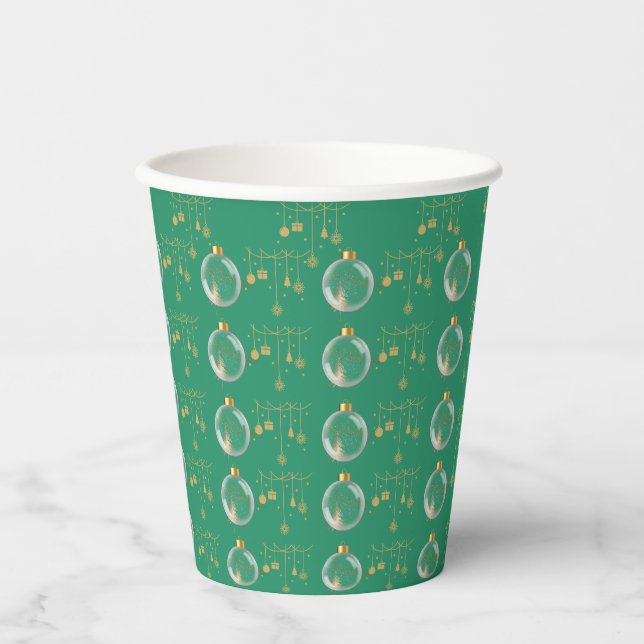 Luxury Green and Gold Bauble Christmas Paper Cups (Front)