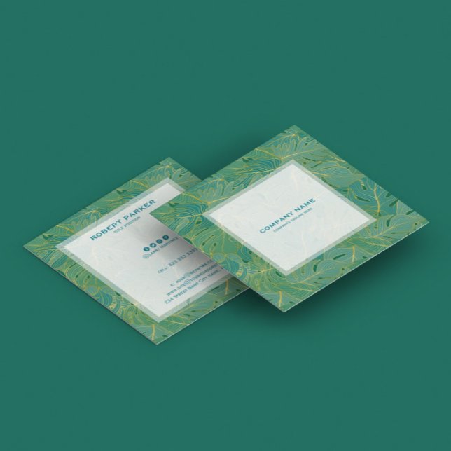 Luxury green and gold palm leaves pattern square business card (Creator Uploaded)