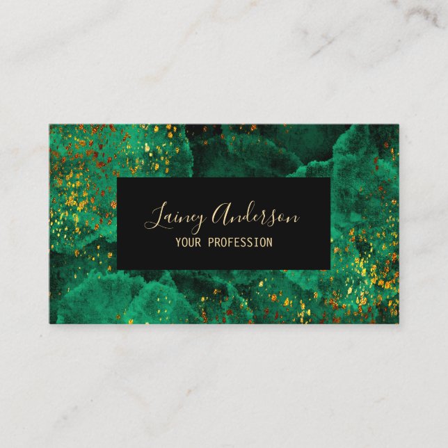 Luxury green black and faux gold foil glitter business card (Front)
