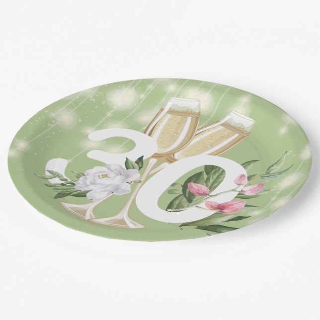 Luxury Green Champagne Floral 30th Birthday Paper Plate (Angled)