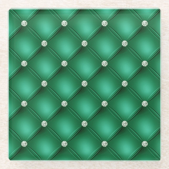 Luxury Green Diamond Tufted Pattern Glass Coaster (Front)