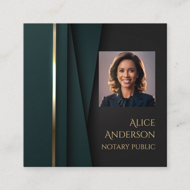 Luxury green gold elegant notary square photo business card (Front)