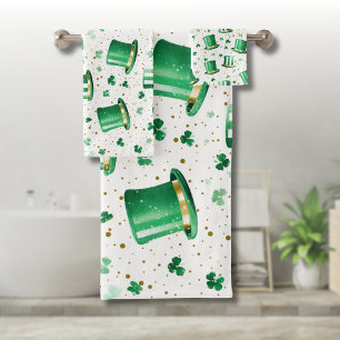 Luxury Green Gold Hats and Shamrocks White Bath Towel Set