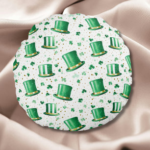 Luxury Green Gold Hats and Shamrocks White Round Cushion