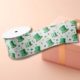 Luxury Green Gold Hats and Shamrocks White Satin Ribbon