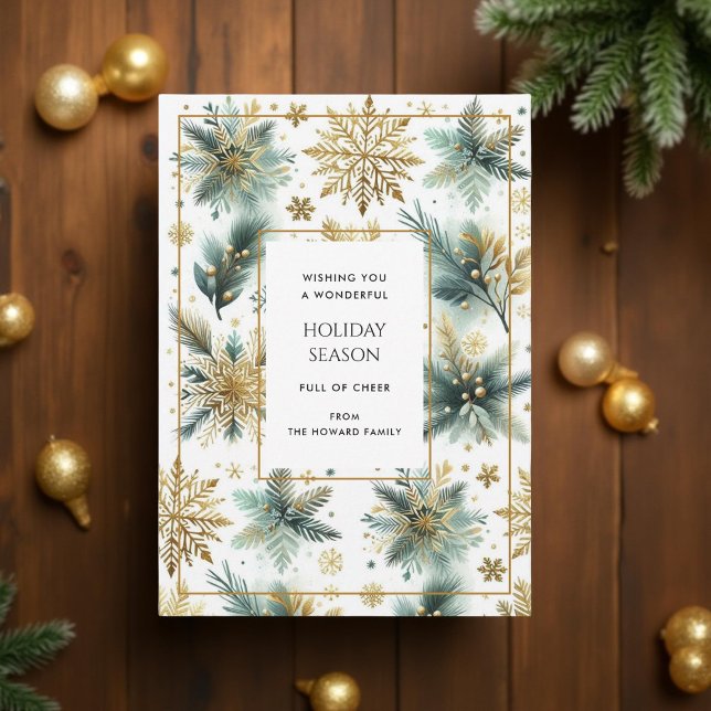Luxury Green Gold Snowflake Elegant Holiday Card (Creator Uploaded)
