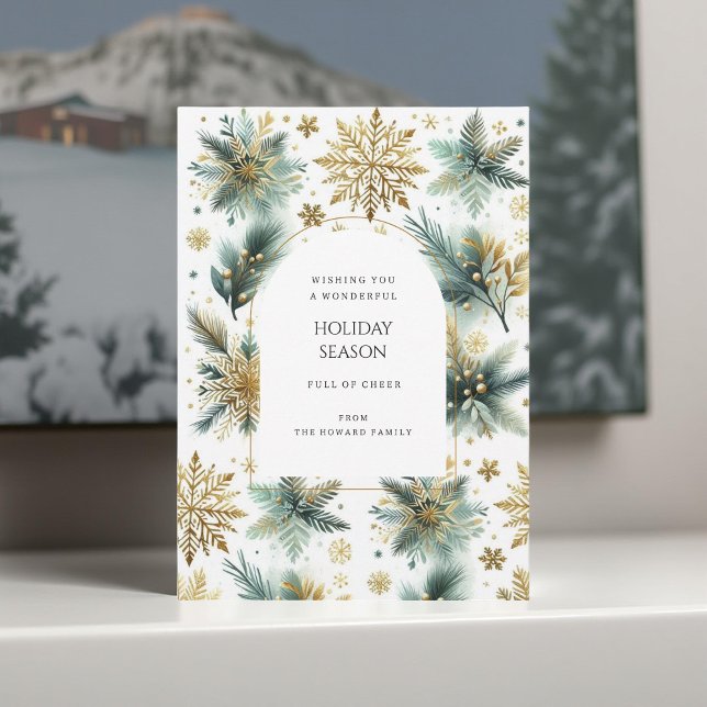 Luxury Green Gold Snowflake Elegant Holiday Card (Creator Uploaded)