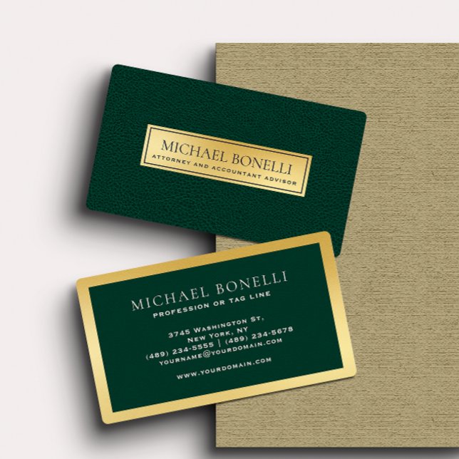 Luxury Green Leather Gold Label Professional Business Card (Creator Uploaded)