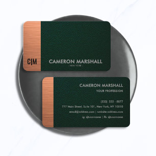 Luxury Green Leather Monogram with Copper Accent  Business Card