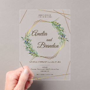 Luxury Greenery Berry Geometric Gold Wedding  Acrylic Invitations