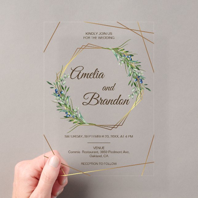 Luxury Greenery Berry Geometric Gold Wedding  Acrylic Invitations (Insitu (Handheld))
