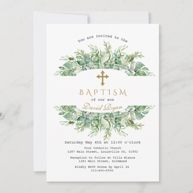Luxury Greenery Gold Cross Baptism Invitation (Front)